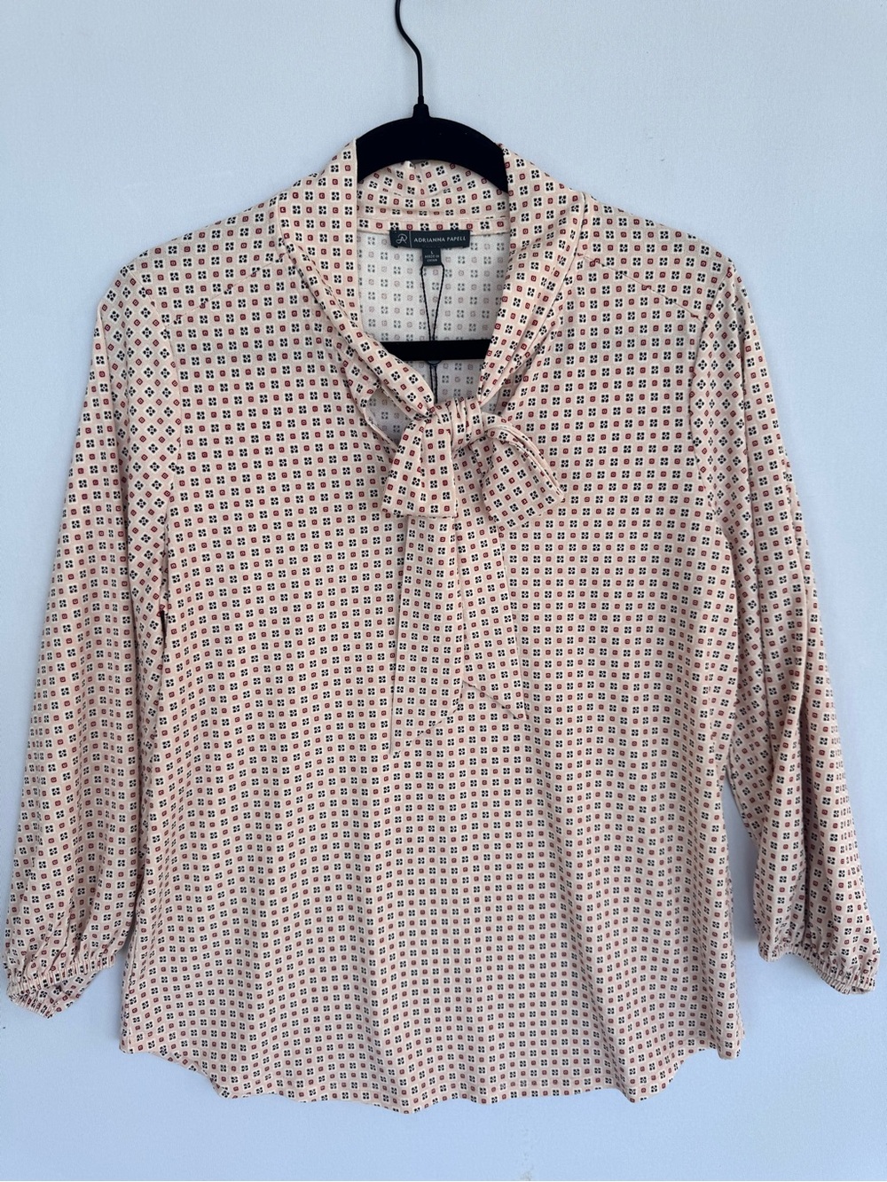 Adrianna Papell Cream Pink Geo Tie-Neck Blouse